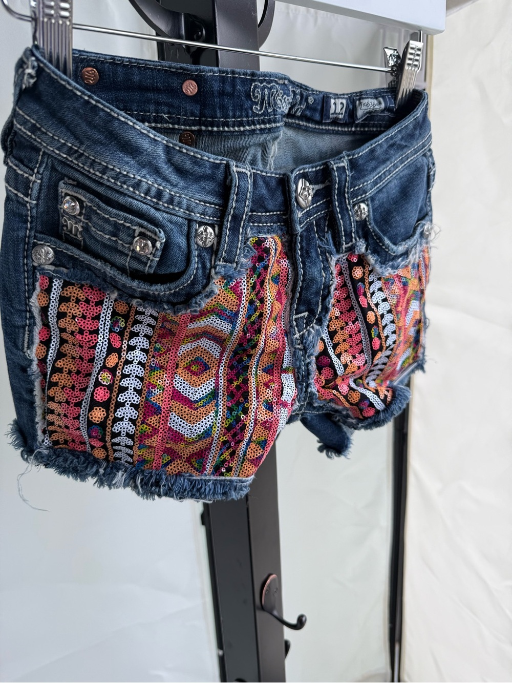 Miss Me Blue Denim Cutoff Shorts with Sequin Pocket Detail